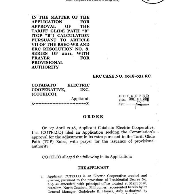 Initial Order of ERC Case No. 2018-031 RC