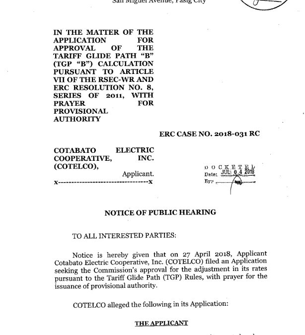 Notice of Public Hearing of ERC Case No. 2018-031 RC
